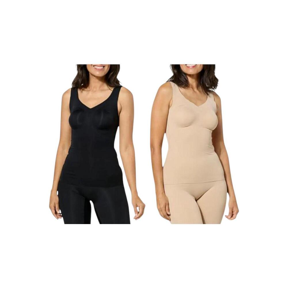 Rhonda Shear Women's 2pk Butterknit Tank Top w/ Built-In Bra Blk/Beige - Regular